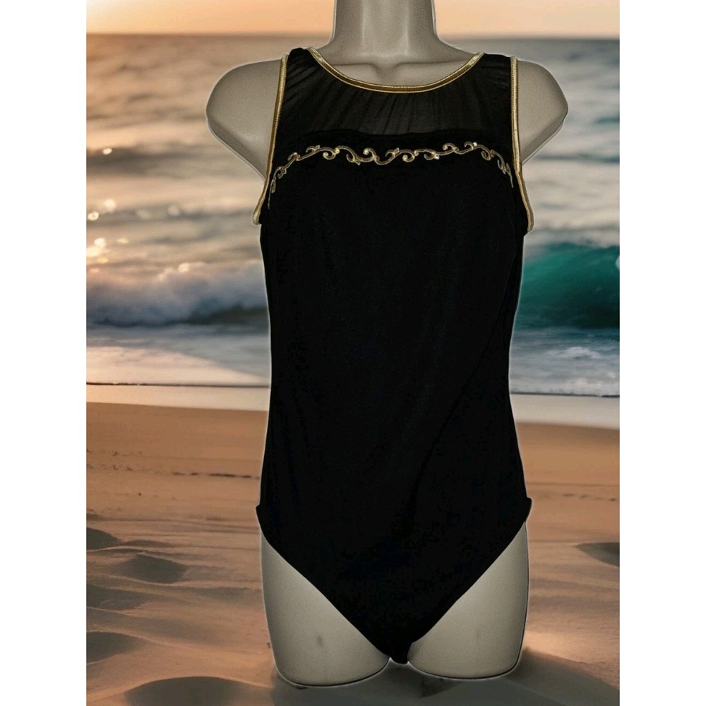 Vtg Swimsuit One piece Black W/Gold Embroidered Scroll trim Sheer mesh Size M